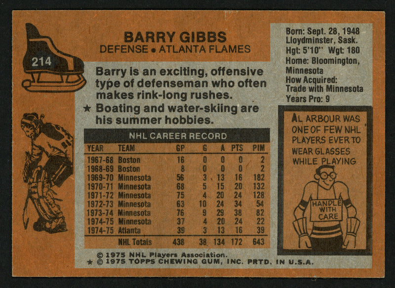 Barry Gibbs Autographed 1975-76 Topps Card #214 Atlanta Flames SKU #149966