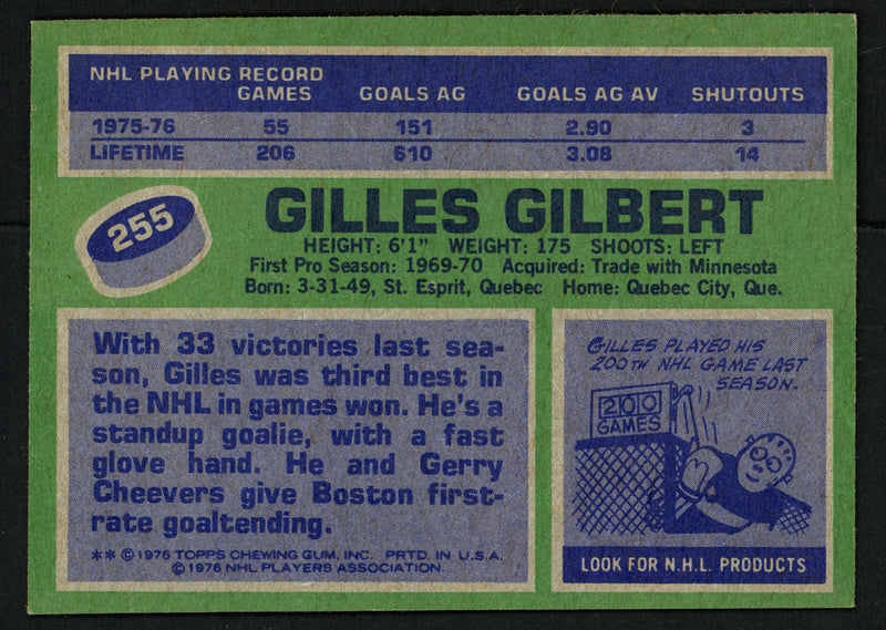 Gilles Gilbert Autographed 1976-77 Topps Card #255 Boston Bruins SKU #150200
