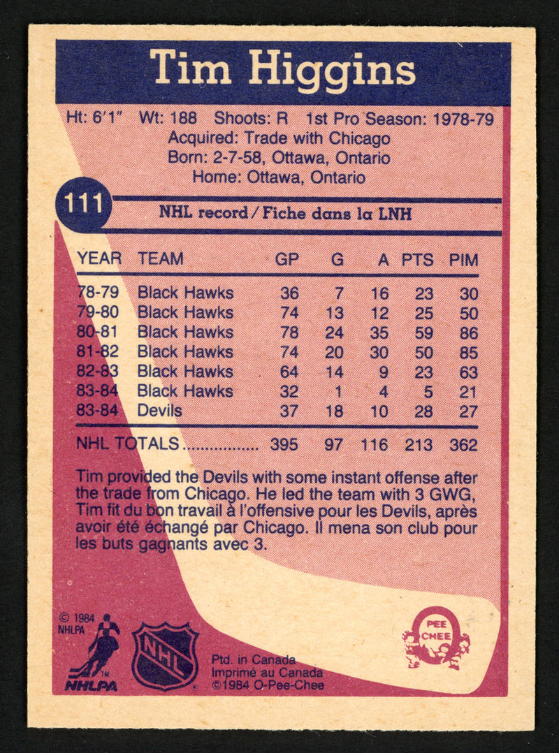 Tim Higgins Autographed 1984-85 O-Pee-Chee Card #111 New Jersey Devils SKU #151833