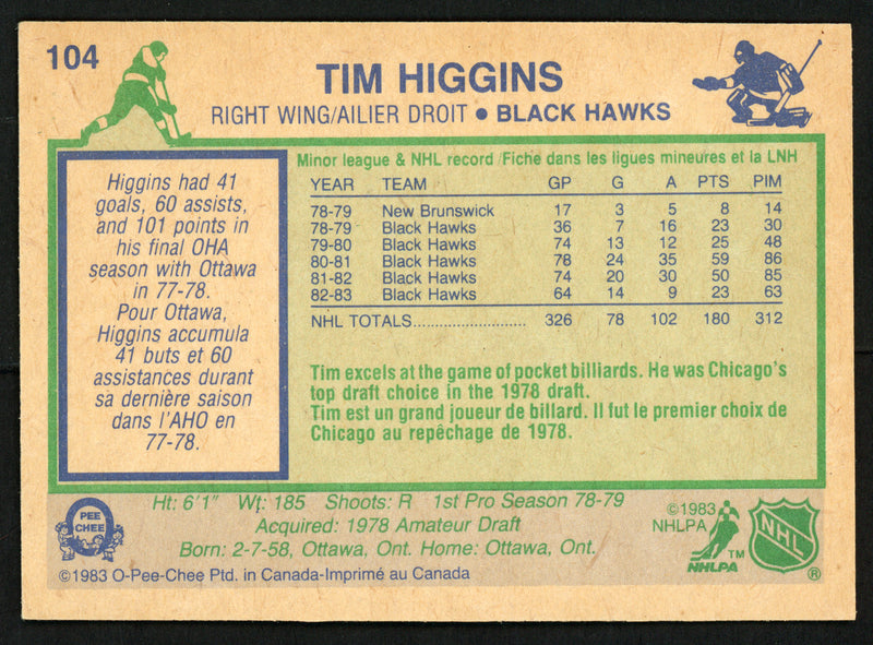 Tim Higgins Autographed 1983-84 O-Pee-Chee Card #104 Chicago Blackhawks SKU #150218