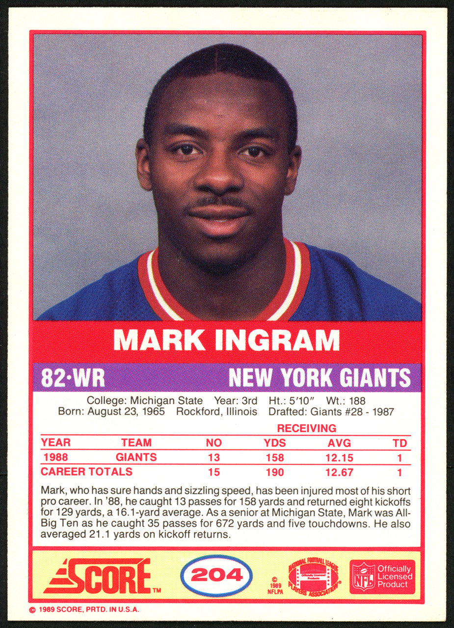 Mark Ingram Sr. Autographed 1989 Score Rookie Card #204 New York Giants Stock #148071