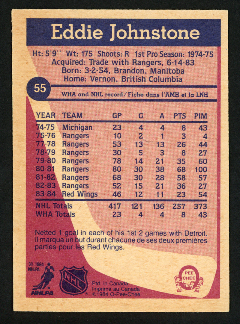 Ed "Eddie" Johnstone Autographed 1984-85 O-Pee-Chee Card #55 Detroit Red Wings SKU #151787