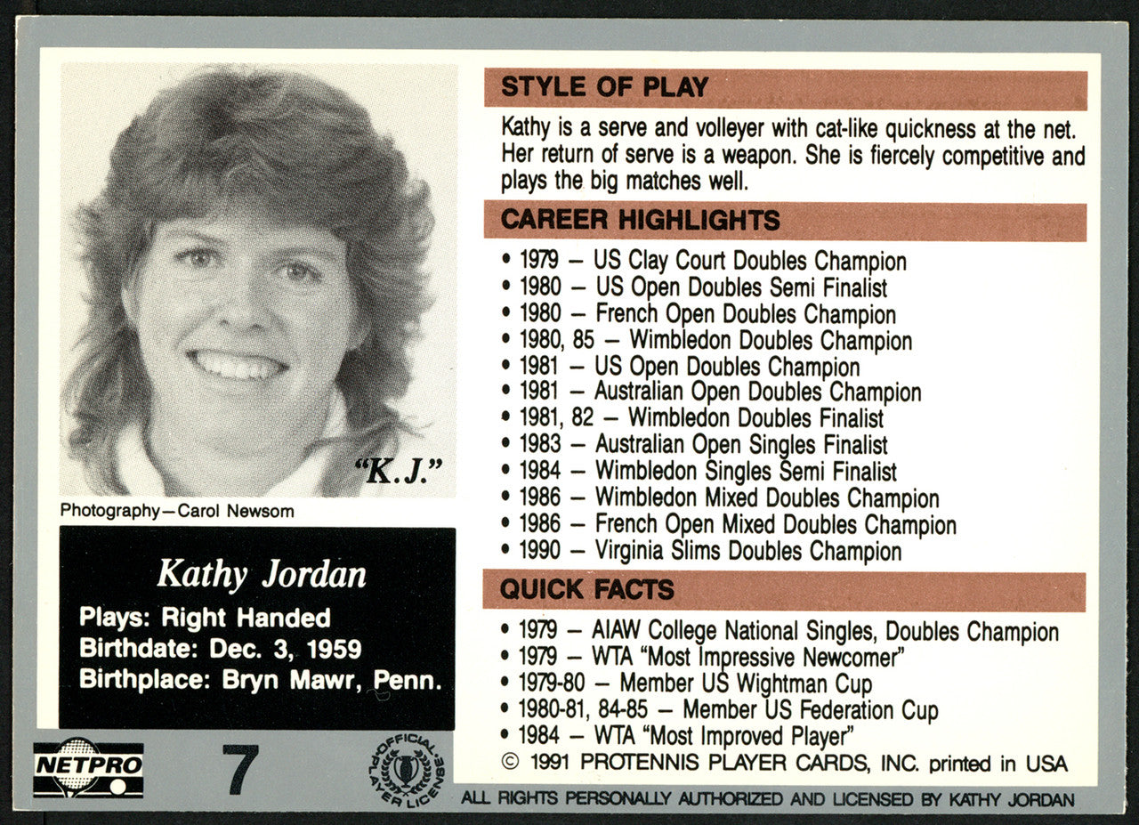 Kathy Jordan Autographed 1991 NetPro The Legends Card #7 SKU #148265