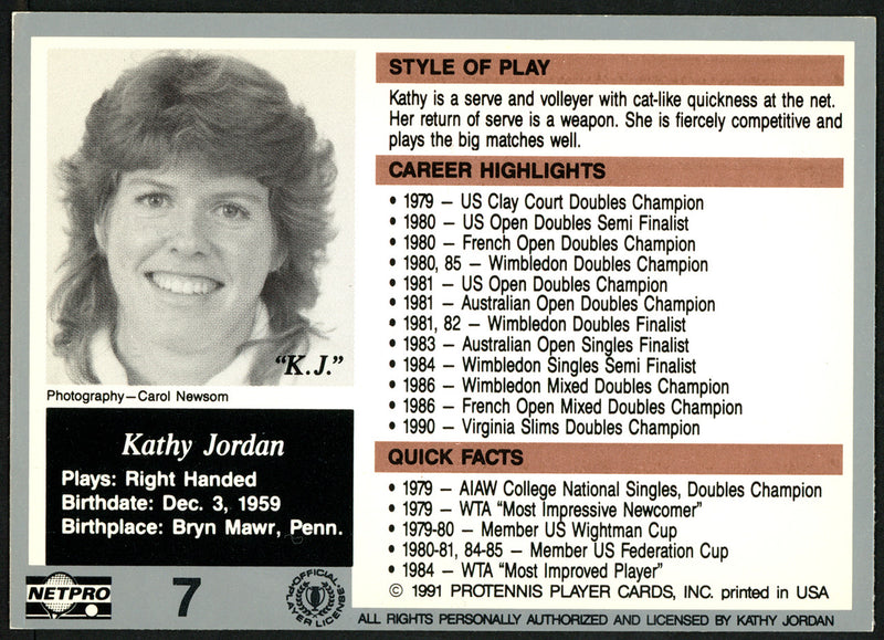 Kathy Jordan Autographed 1991 NetPro The Legends Card #7 SKU #148265