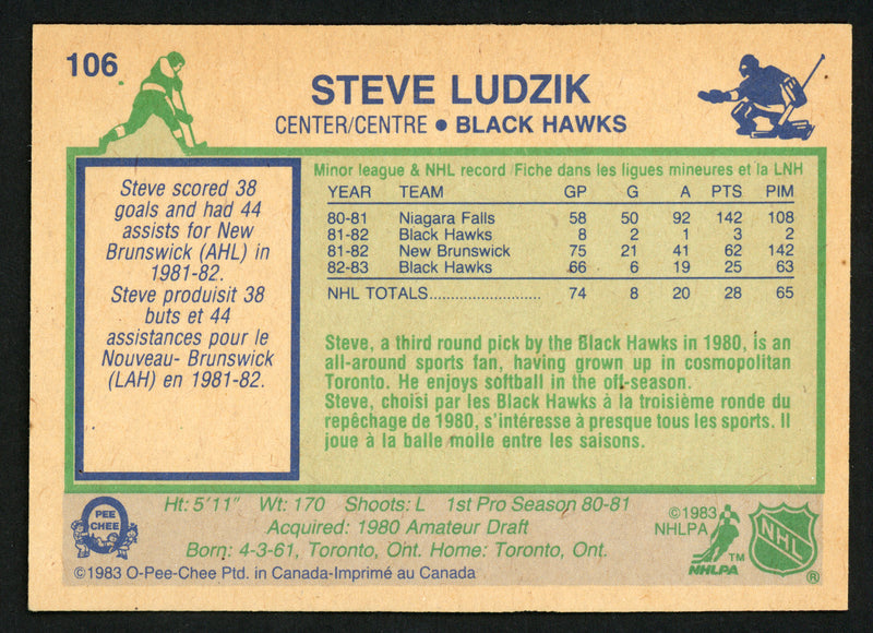 Steve Ludzik Autographed 1983-84 O-Pee-Chee Card #106 Chicago Blackhawks SKU #150219