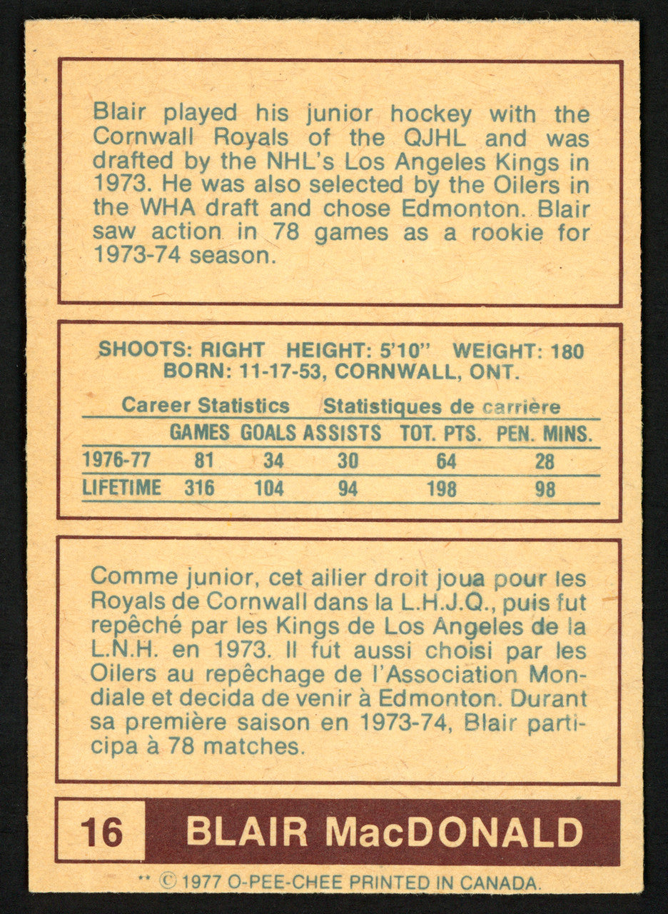 Blair MacDonald Autographed 1977-78 WHA O-Pee-Chee Card #16 Edmonton Oilers "Best Wishes" SKU #151336