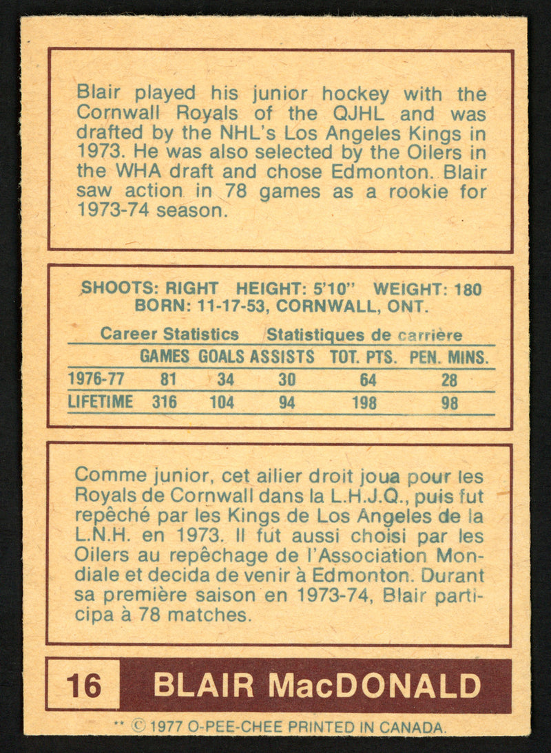 Blair MacDonald Autographed 1977-78 WHA O-Pee-Chee Card #16 Edmonton Oilers "Best Wishes" SKU #151336