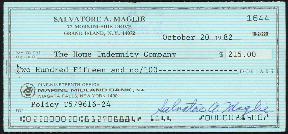 Sal Maglie Autographed 3x6 Check Brooklyn Dodgers, New York Yankees SKU #147877