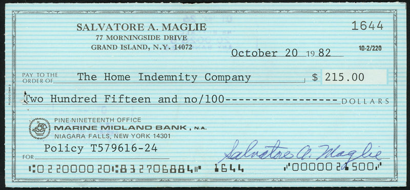 Sal Maglie Autographed 3x6 Check Brooklyn Dodgers, New York Yankees SKU #147877