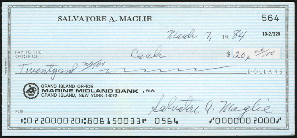 Sal Maglie Autographed 3x6 Check Brooklyn Dodgers, New York Yankees SKU #147865