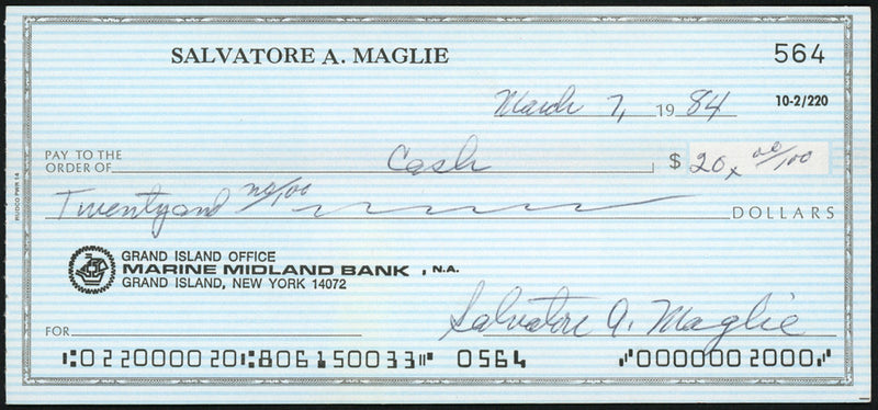 Sal Maglie Autographed 3x6 Check Brooklyn Dodgers, New York Yankees SKU #147865