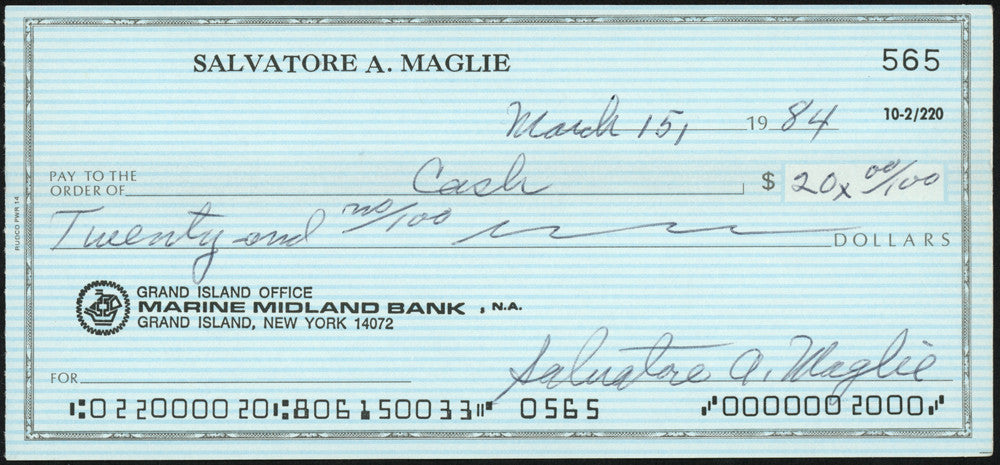 Sal Maglie Autographed 3x6 Check Brooklyn Dodgers, New York Yankees SKU #147866
