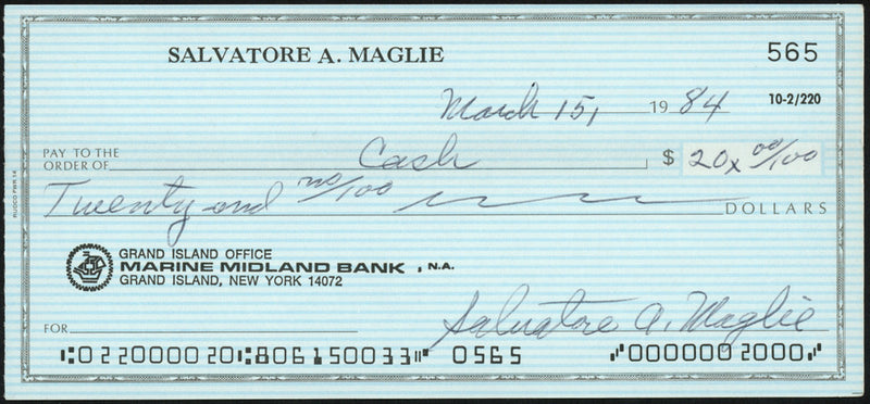 Sal Maglie Autographed 3x6 Check Brooklyn Dodgers, New York Yankees SKU #147866