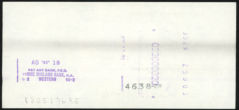 Sal Maglie Autographed 3x6 Check Brooklyn Dodgers, New York Yankees SKU #147867