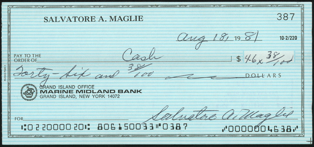 Sal Maglie Autographed 3x6 Check Brooklyn Dodgers, New York Yankees SKU #147867
