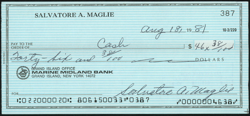 Sal Maglie Autographed 3x6 Check Brooklyn Dodgers, New York Yankees SKU #147867
