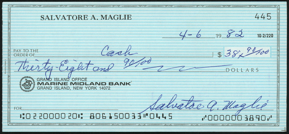 Sal Maglie Autographed 3x6 Check Brooklyn Dodgers, New York Yankees SKU #147868