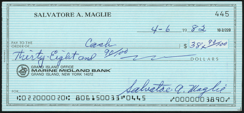 Sal Maglie Autographed 3x6 Check Brooklyn Dodgers, New York Yankees SKU #147868