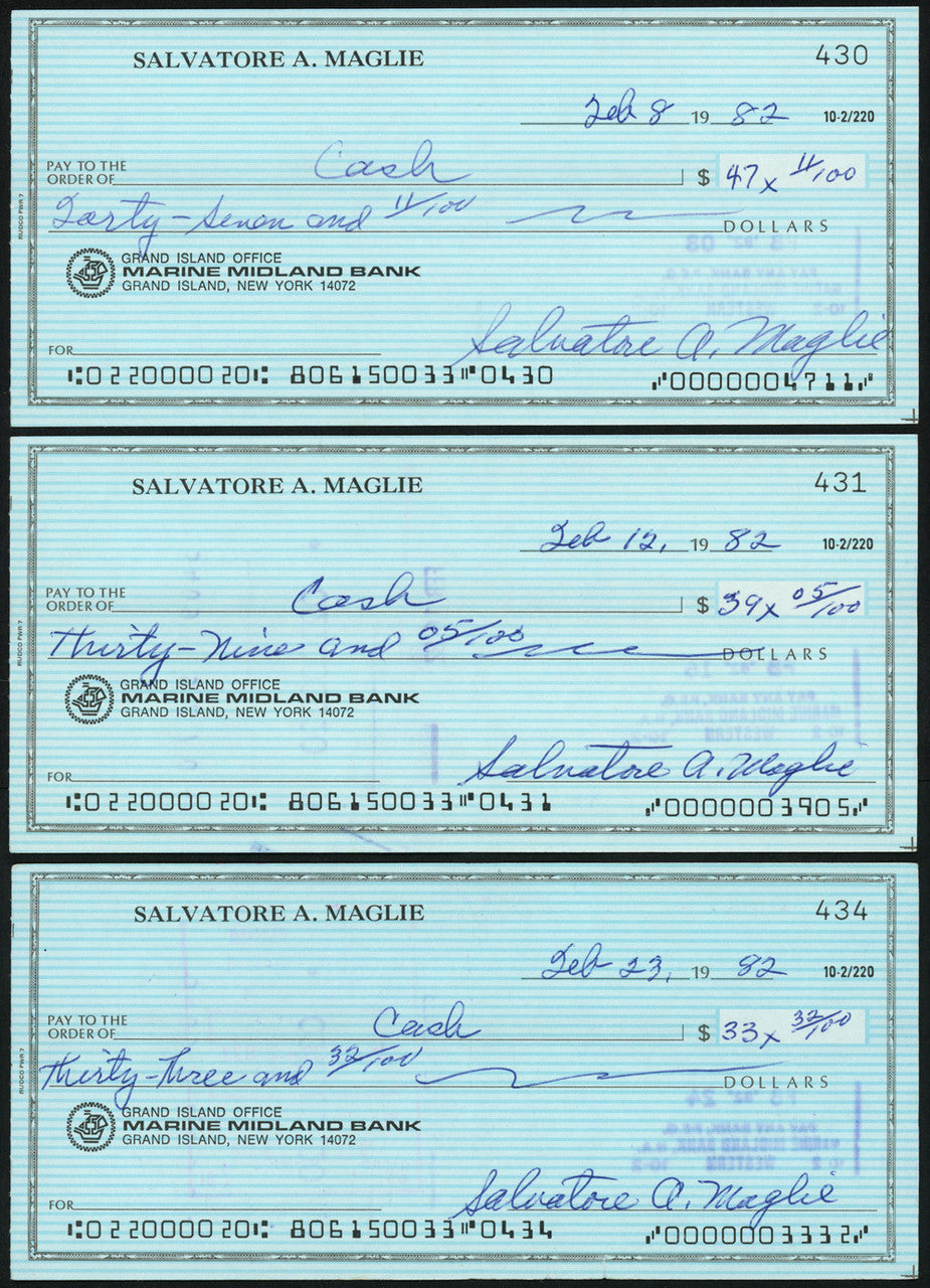 Sal Maglie Autographed 3x6 Check Brooklyn Dodgers, New York Yankees Lot Of 30 SKU #147841