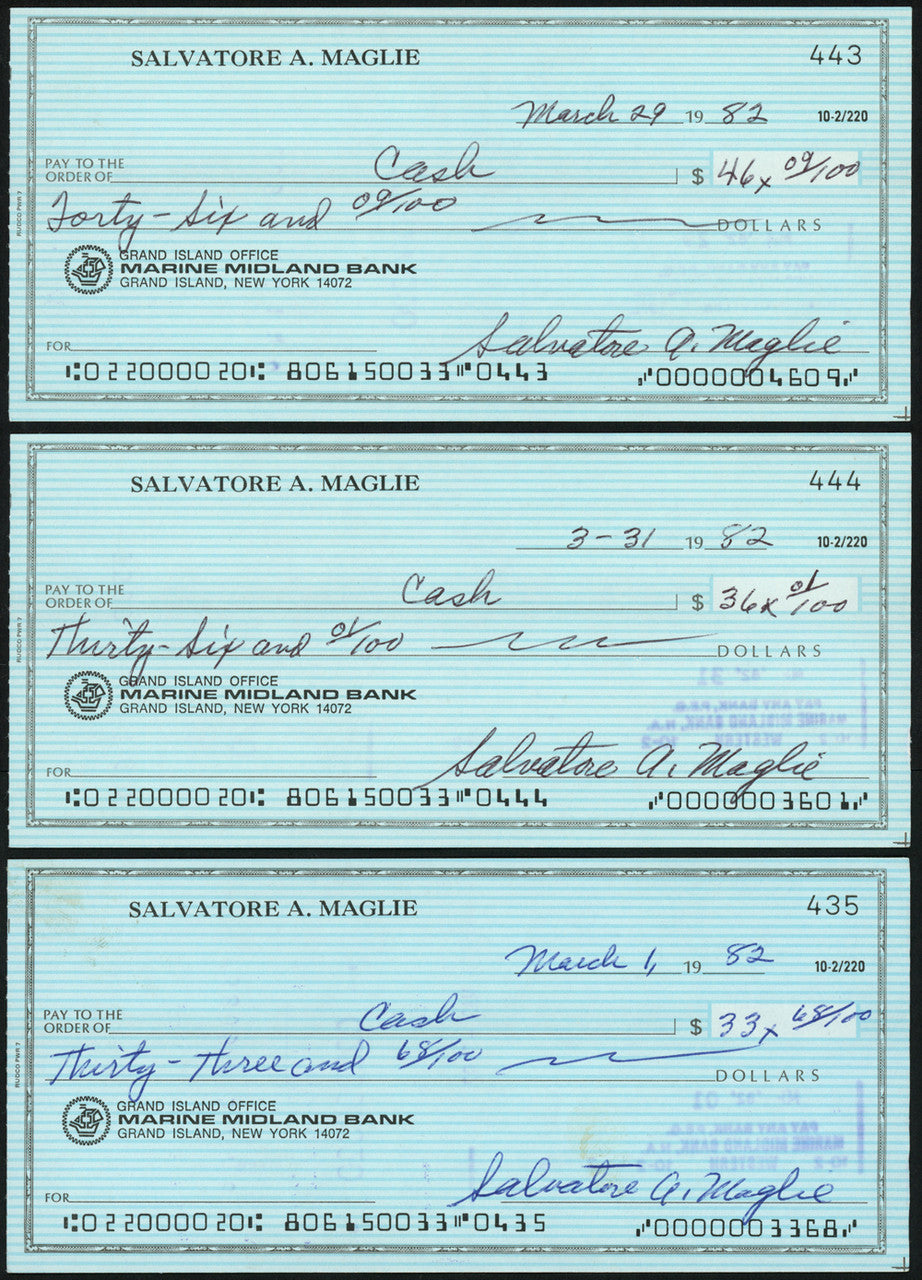 Sal Maglie Autographed 3x6 Check Brooklyn Dodgers, New York Yankees Lot Of 30 SKU #147841