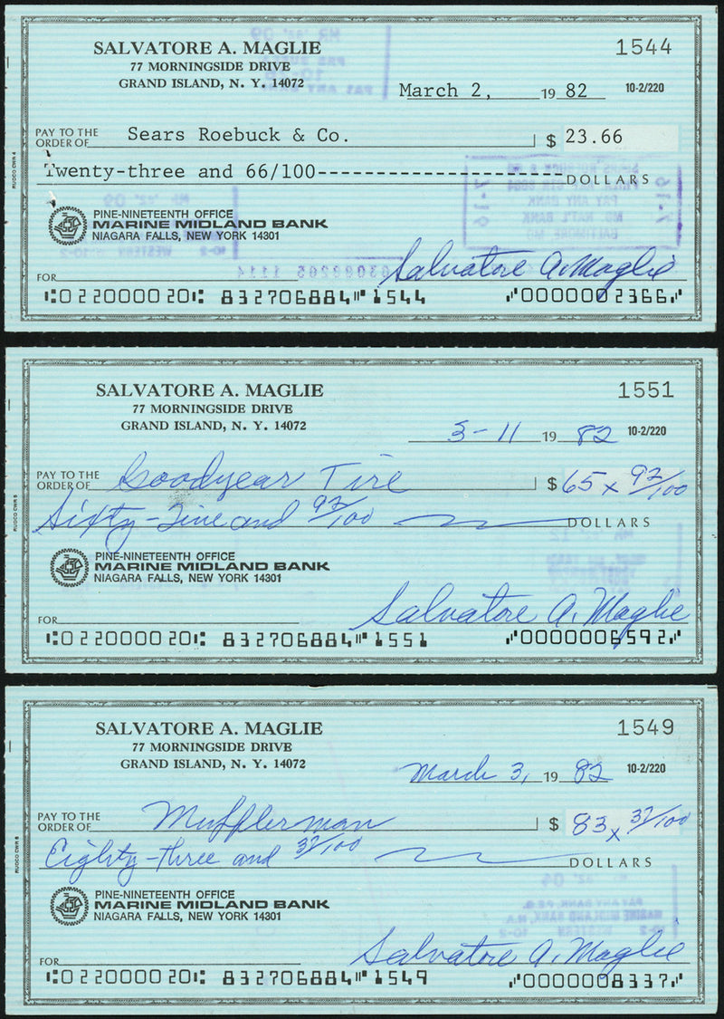 Sal Maglie Autographed 3x6 Check Brooklyn Dodgers, New York Yankees Lot Of 30 SKU #147841