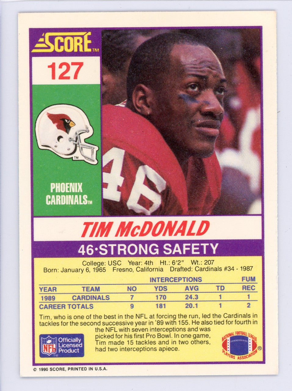 Tim McDonald Autographed 1990 Score Card #127 Phoenix Cardinals SKU #134708
