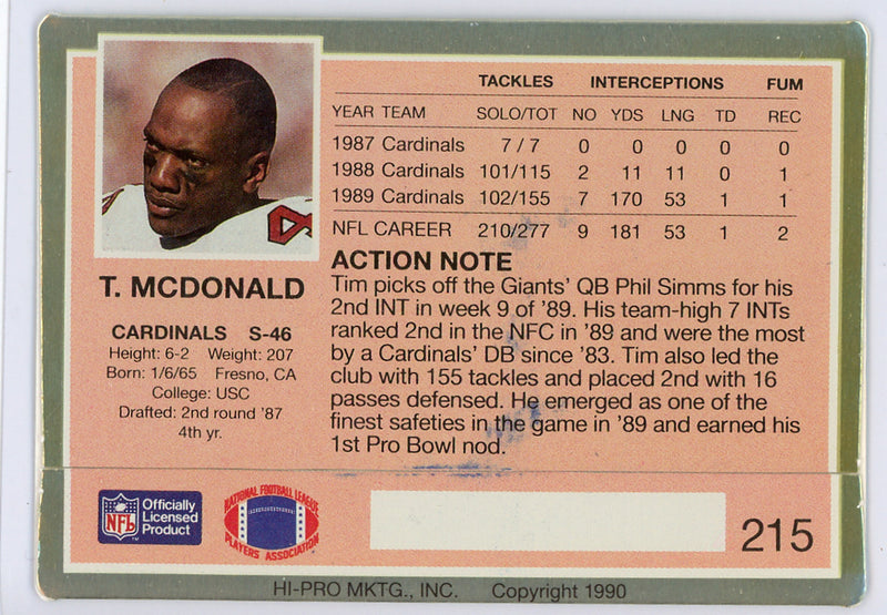 Tim McDonald Autographed 1990 Action Packed Card #215 Phoenix Cardinals SKU #134703