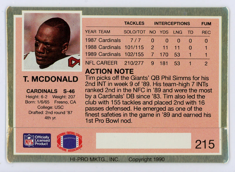 Tim McDonald Autographed 1990 Action Packed Card #215 Phoenix Cardinals SKU #134702