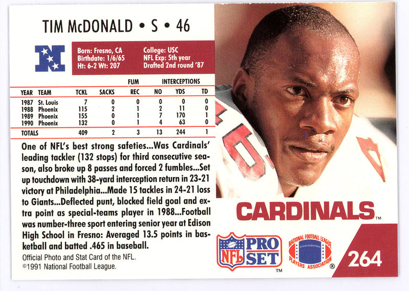 Tim McDonald Autographed 1991 Pro Set Card #264 Phoenix Cardinals SKU #134713