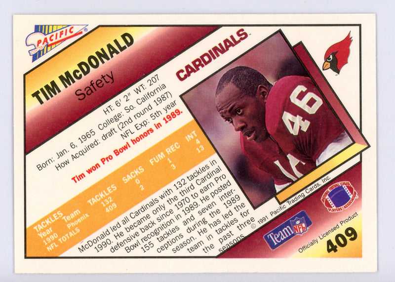 Tim McDonald Autographed 1991 Pacific Card #409 Phoenix Cardinals SKU #134711