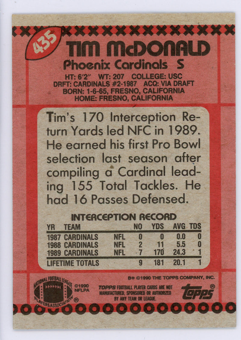 Tim McDonald Autographed 1990 Topps Card #435 Phoenix Cardinals SKU #134709