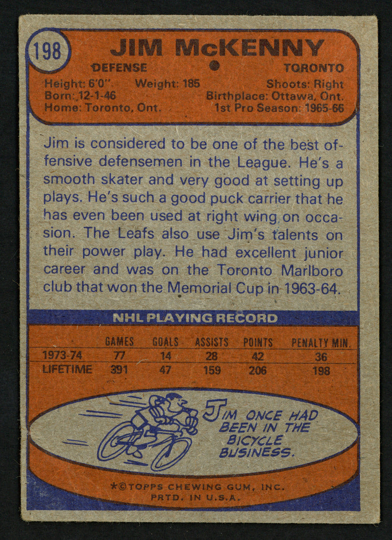 Jim McKenny Autographed 1974-75 Topps Card #198 Toronto Maple Leafs SKU #150095
