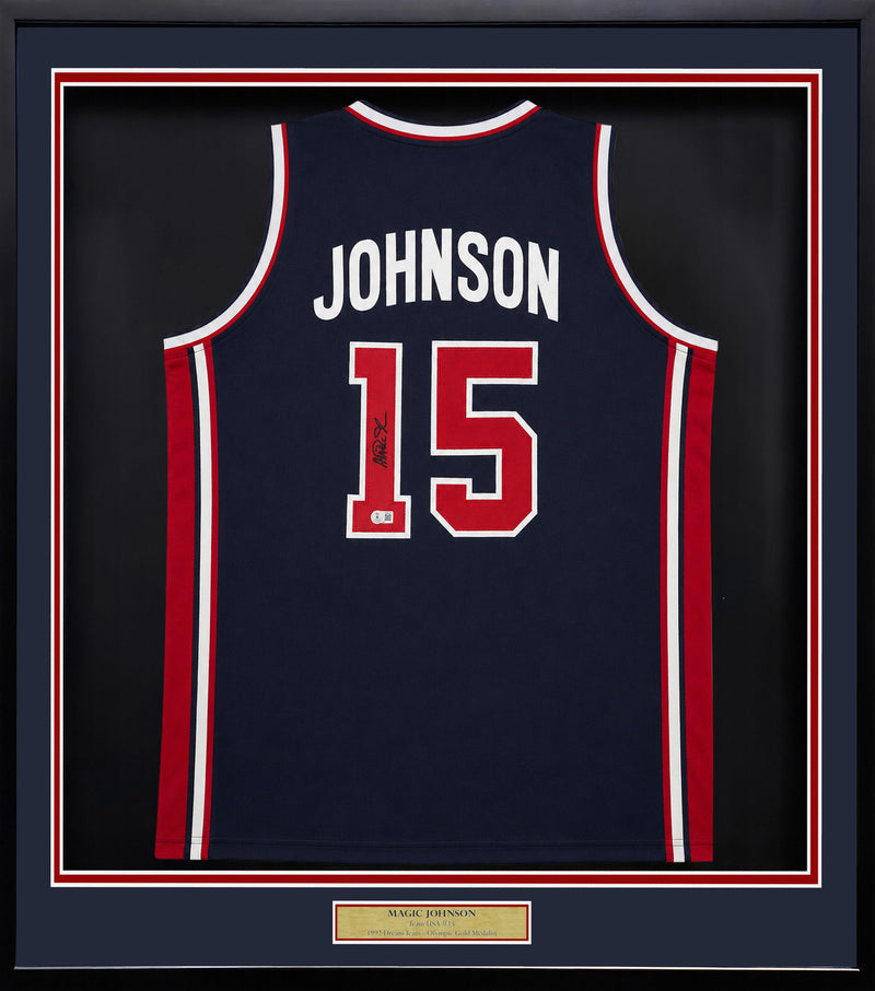 Magic Johnson Autographed Framed Blue All Star Jersey Beckett BAS Witness Stock #262549