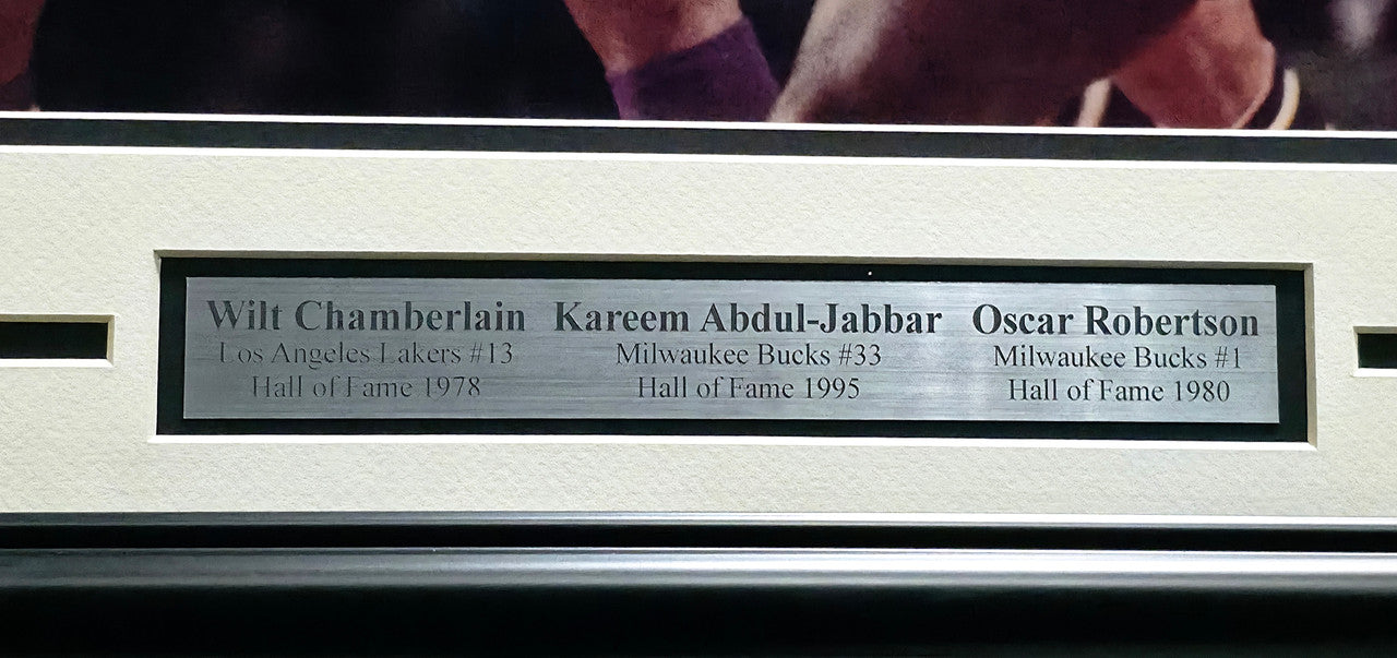 Wilt Chamberlain, Kareem Abdul-Jabbar & Oscar Robertson Autographed Framed 16x20 Photo Auto Grade Gem Mint 10 Beckett BAS #AE16662