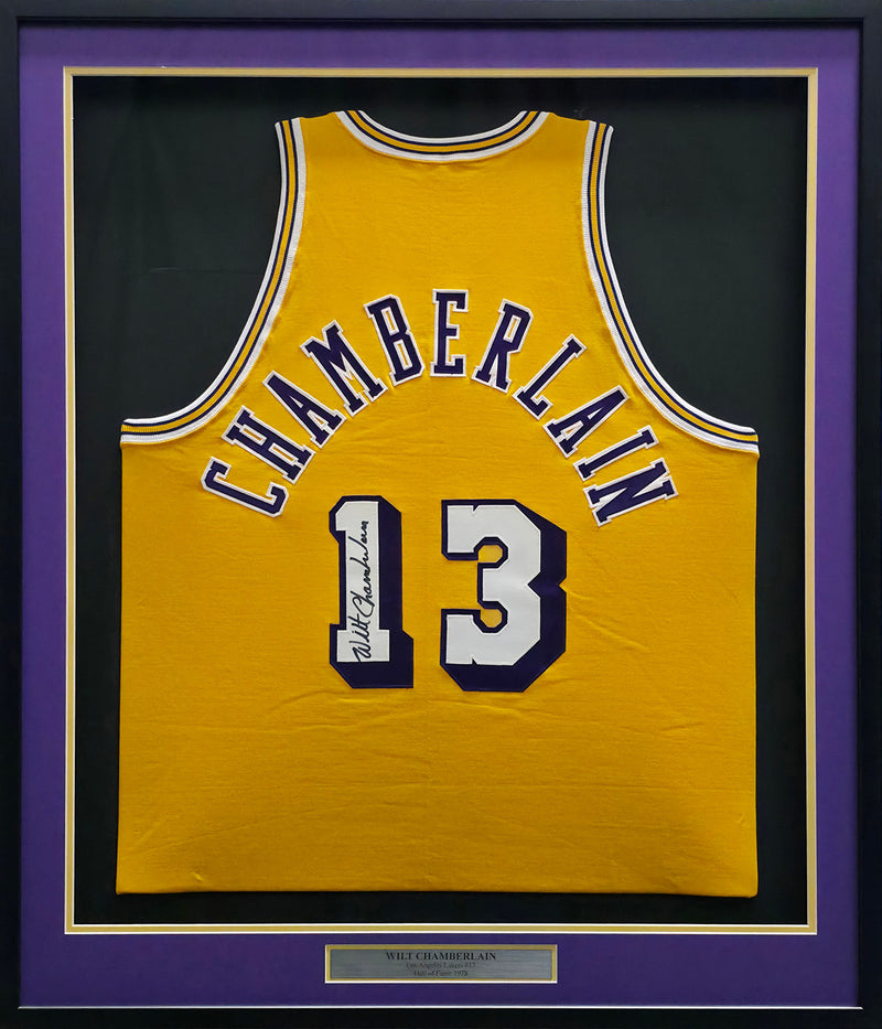 Los Angeles Lakers Wilt Chamberlain Autographed Framed Gold Jersey JSA #ZZ42005