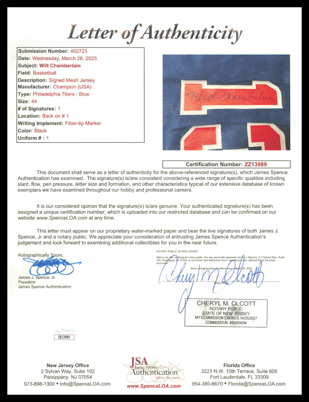 Philadelphia 76ers Wilt Chamberlain Autographed Framed Blue Jersey JSA #ZZ13989