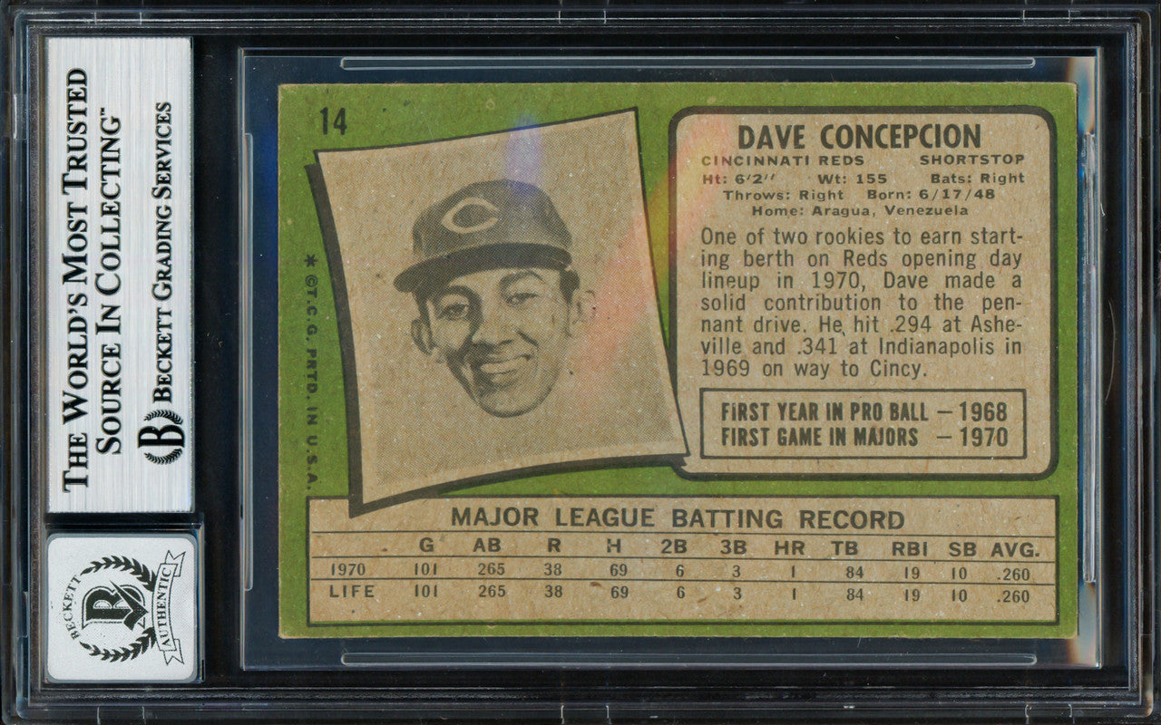 Dave Concepcion Autographed 1971 Topps Rookie Card #14 Cincinnati Reds Auto Grade Gem Mint 10 Beckett BAS #18629911