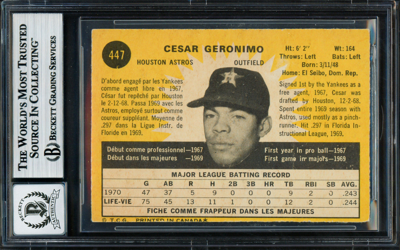 Cesar Geronimo Autographed 1971 O Pee Chee Rookie Card #447 Houston Astros Auto Grade Gem Mint 10 Beckett BAS #18629930