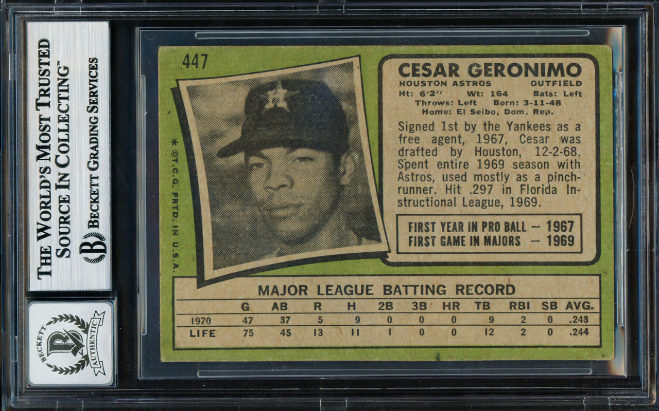 Cesar Geronimo Autographed 1971 Topps Rookie Card #447 Houston Astros Auto Grade Gem Mint 10 Beckett BAS #18629935