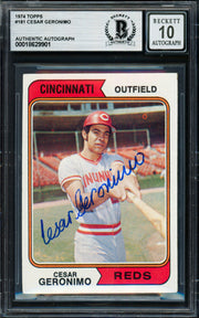 Cesar Geronimo Autographed 1974 Topps Card #181 Cincinnati Reds Auto Grade Gem Mint 10 Beckett BAS #18629901