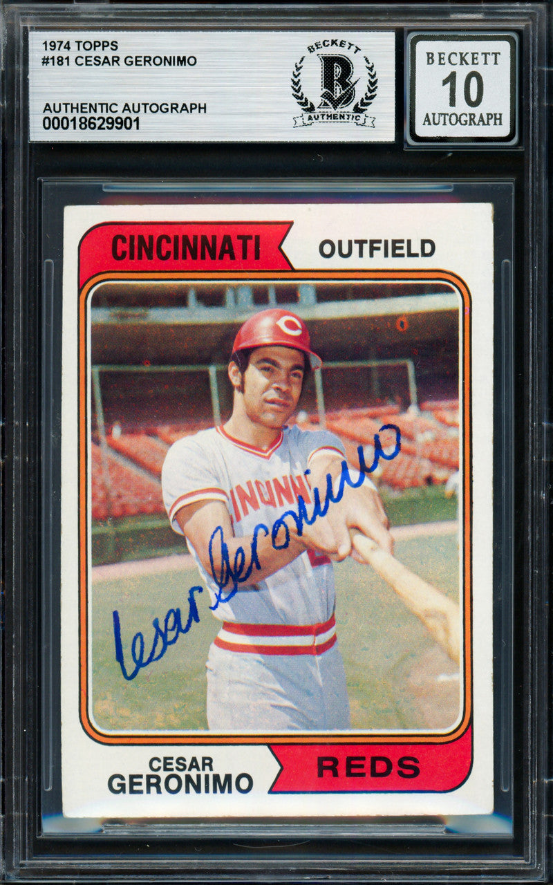 Cesar Geronimo Autographed 1974 Topps Card #181 Cincinnati Reds Auto Grade Gem Mint 10 Beckett BAS #18629901