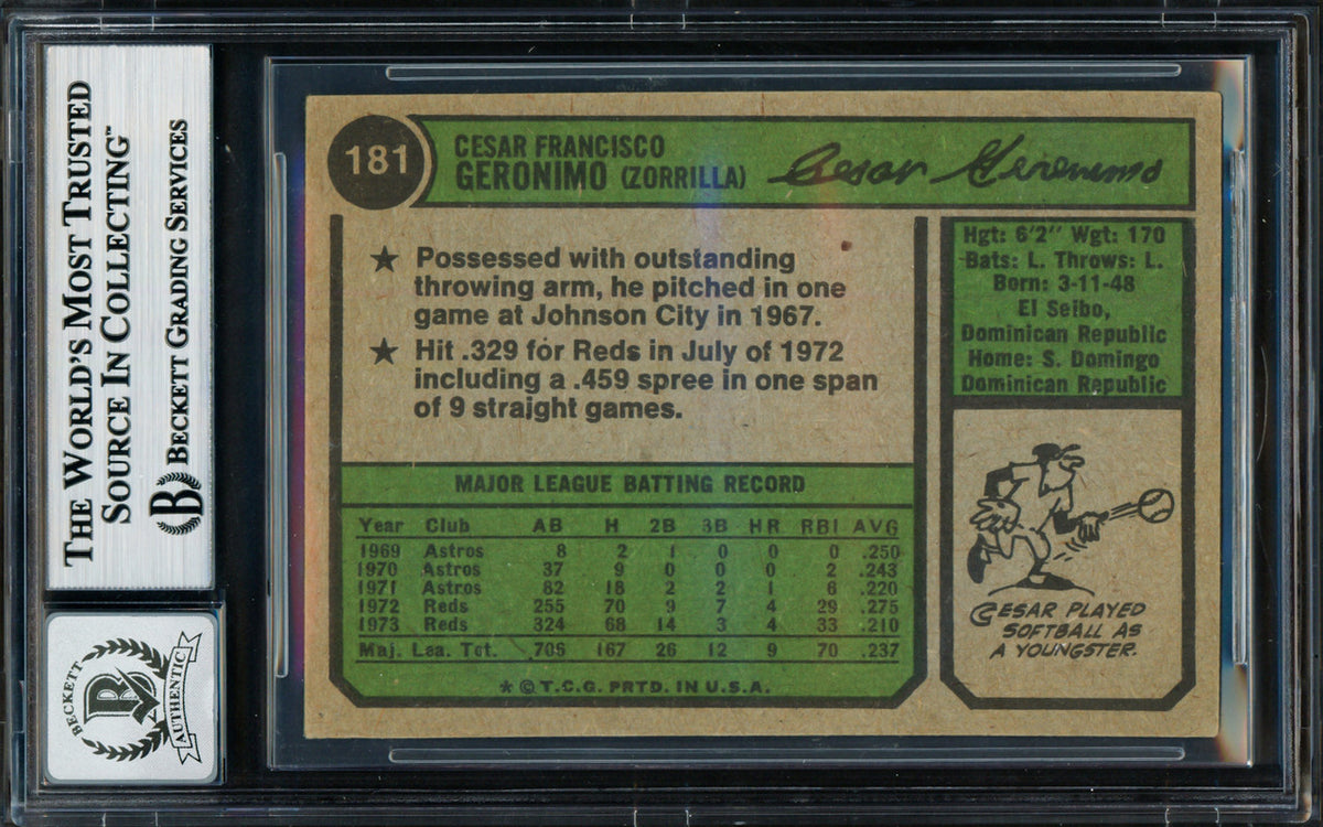 Cesar Geronimo Autographed 1974 Topps Card #181 Cincinnati Reds Auto Grade Gem Mint 10 Beckett BAS #18629901