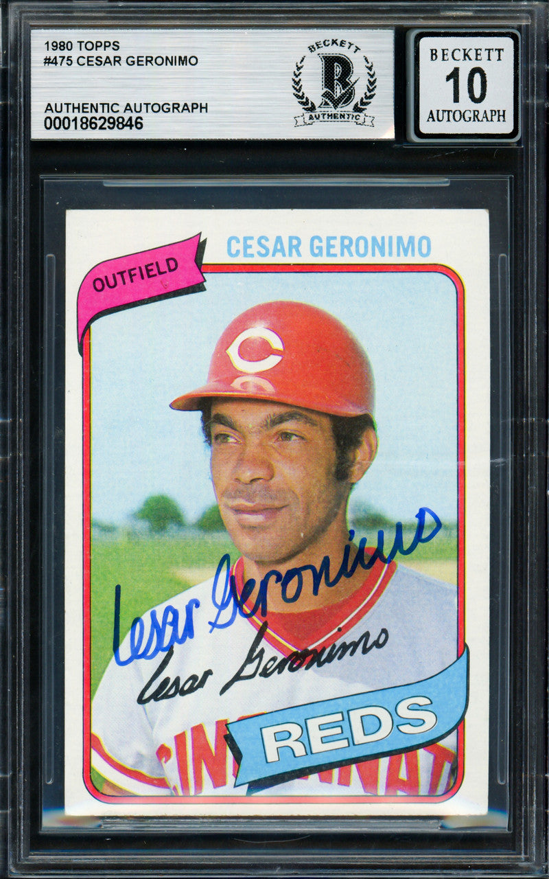 Cesar Geronimo Autographed 1980 Topps Card #475 Cincinnati Reds Auto Grade Gem Mint 10 Beckett BAS #18628846