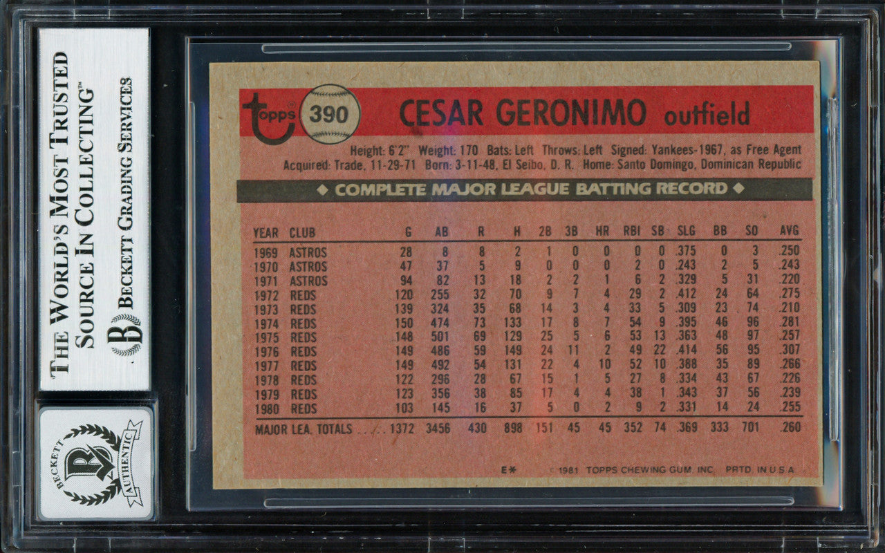 Cesar Geronimo Autographed 1981 Topps Card #390 Cincinnati Reds Auto Grade Gem Mint 10 Beckett BAS #18629855
