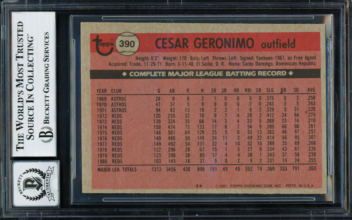 Cesar Geronimo Autographed 1981 Topps Card #390 Cincinnati Reds Auto Grade Gem Mint 10 Beckett BAS #18629854