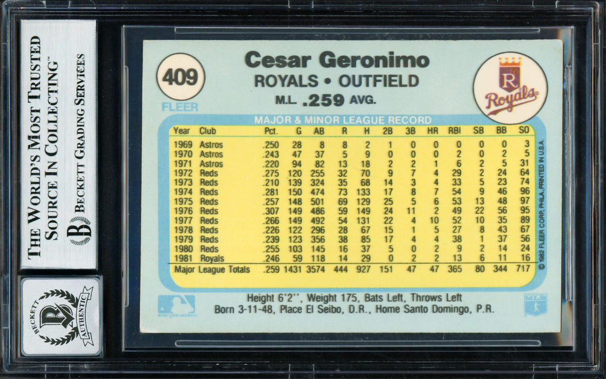 Cesar Geronimo Autographed 1982 Fleer Card #409 Kansas City Royals Auto Grade Gem Mint 10 Beckett BAS #18629600