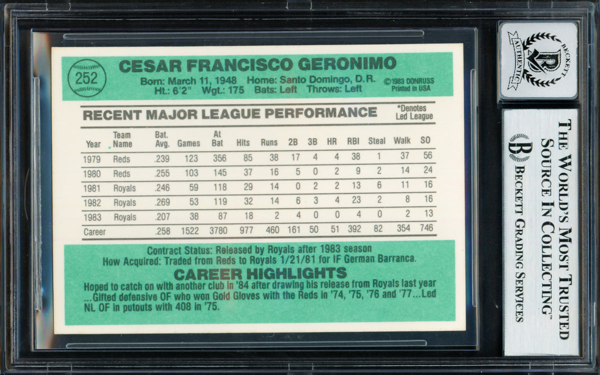 Cesar Geronimo Autographed 1984 Donruss Card #252 Kansas City Royals Auto Grade Gem Mint 10 Beckett BAS #18629880