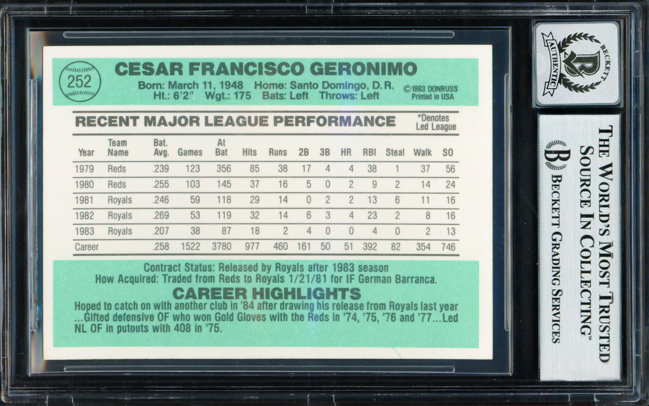 Cesar Geronimo Autographed 1984 Donruss Card #252 Kansas City Royals Auto Grade Gem Mint 10 Beckett BAS #18629881