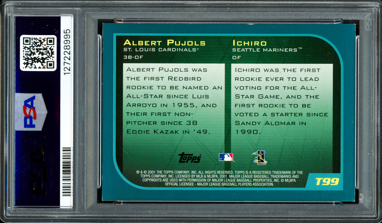 Albert Pujols & Ichiro Suzuki Autographed 2001 Topps Traded Rookie Card #T99 PSA 6 Auto Grade Gem Mint 10 "01 ROY" PSA/DNA #127228995