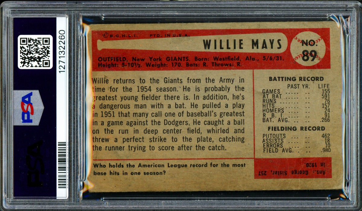 Willie Mays Autographed 1954 Bowman Card #89 New York Giants PSA 1 Auto Grade 6 Vintage 1950's Signature PSA/DNA #127132260